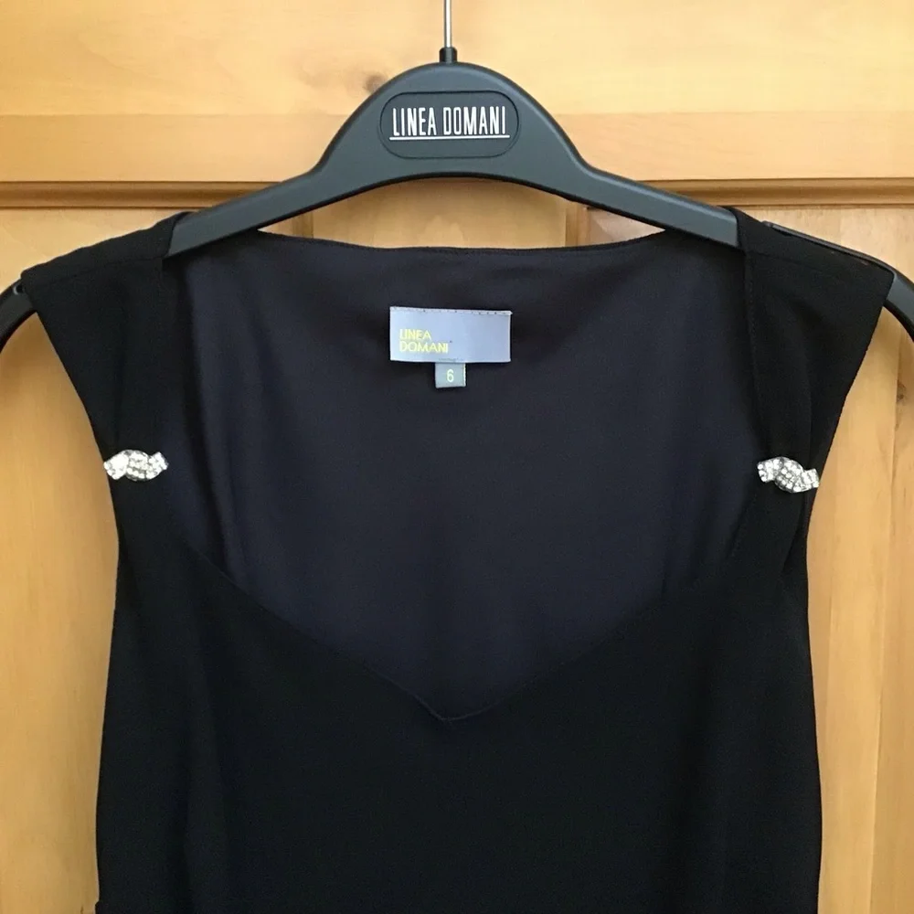 Chic Black Midi Slip Dress with Rhinestone Shoulder Accents - Picture 2 of 5